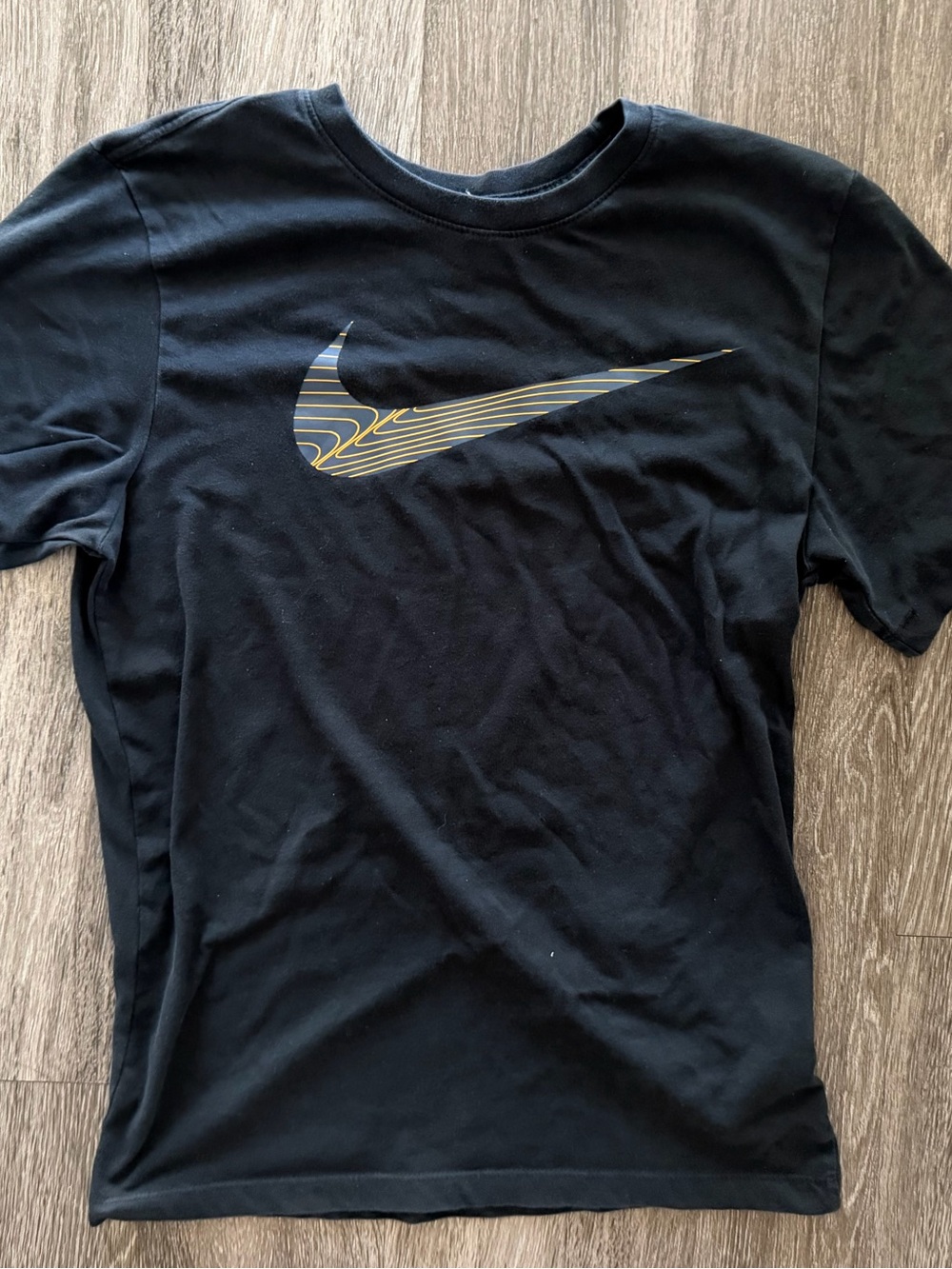 Nike Black Short Sleeve Tee with Striated Gold Swoosh